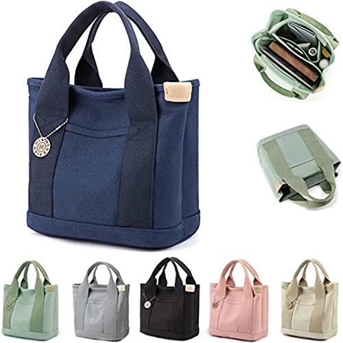 Calendarm Japanese Handmade Large Capacity Multi-pocket Handbag, Canvas Tote Bag with Pockets, Women Fashion Handbag (Dark Blue)