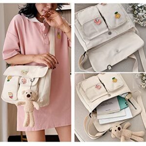 Tote Bag for Women Canvas Hobo Bag Cute Messenger Bag Shoulder Bag Large Kwaii Crossbody Bag with Pins and Pendant