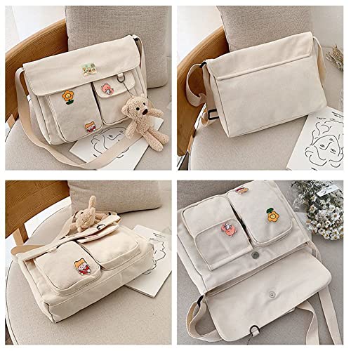 Tote Bag for Women Canvas Hobo Bag Cute Messenger Bag Shoulder Bag Large Kwaii Crossbody Bag with Pins and Pendant