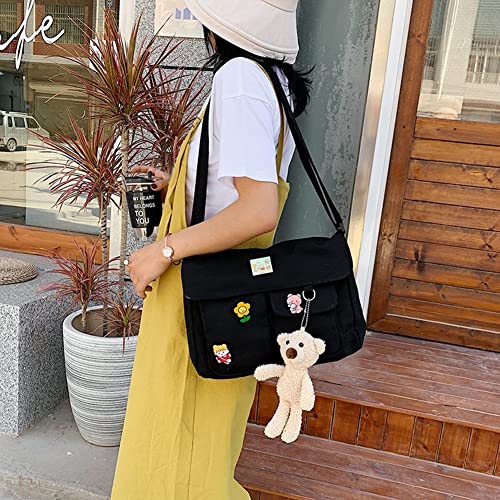 Tote Bag for Women Canvas Hobo Bag Cute Messenger Bag Shoulder Bag Large Kwaii Crossbody Bag with Pins and Pendant