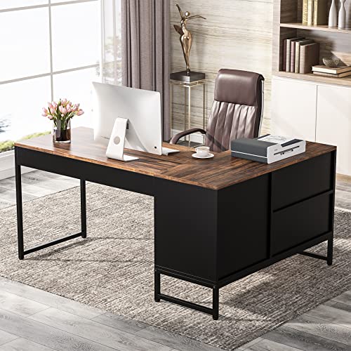 Tribesigns L Shaped Desk with Storage Cabinet, 59 inch Large L-Shaped Office Desks, PC Desks with Heavy-Duty Metal Frame Rustic Brown Black