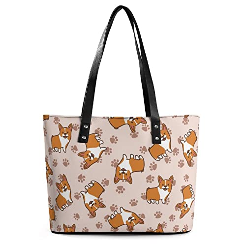 Womens Handbag Corgis Dog Pattern Leather Tote Bag Top Handle Satchel Bags For Lady