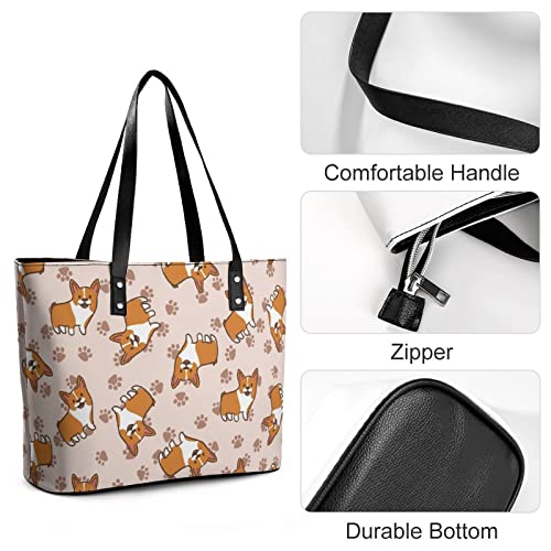 Womens Handbag Corgis Dog Pattern Leather Tote Bag Top Handle Satchel Bags For Lady