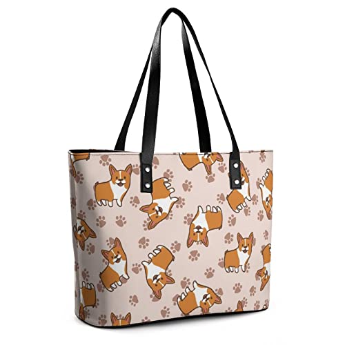 Womens Handbag Corgis Dog Pattern Leather Tote Bag Top Handle Satchel Bags For Lady