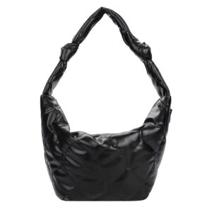 large puffy tote bag for women, lightweight quilted cotton padded puffy shoulder bag, down designer handbag crossbody bag (black)
