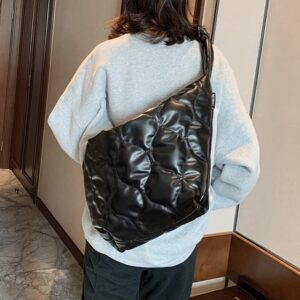 Large Puffy Tote Bag for Women, Lightweight Quilted Cotton Padded Puffy Shoulder Bag, Down Designer Handbag Crossbody Bag (Black)