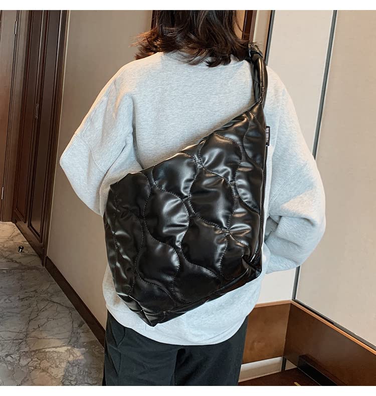 Large Puffy Tote Bag for Women, Lightweight Quilted Cotton Padded Puffy Shoulder Bag, Down Designer Handbag Crossbody Bag (Black)