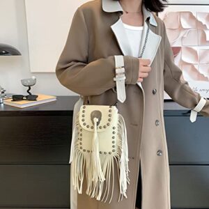 Women's Crossbody Bag Shoulder Bag with Tassel Fringe Collection Vegan Leather Tote Bag Purses and Handbags (Off-white)