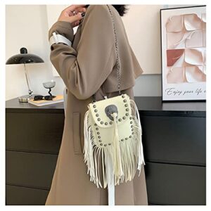 Women's Crossbody Bag Shoulder Bag with Tassel Fringe Collection Vegan Leather Tote Bag Purses and Handbags (Off-white)