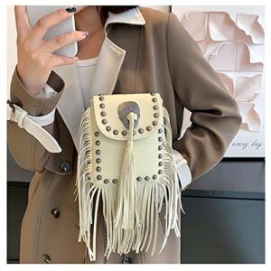 Women's Crossbody Bag Shoulder Bag with Tassel Fringe Collection Vegan Leather Tote Bag Purses and Handbags (Off-white)