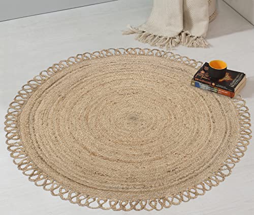 MORE Natural Fiber Round Collection 5' x 5' Round Natural Handmade Boho Braided Jute Area Rug