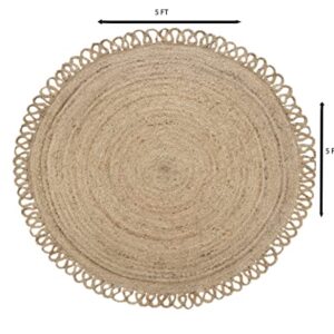 MORE Natural Fiber Round Collection 5' x 5' Round Natural Handmade Boho Braided Jute Area Rug