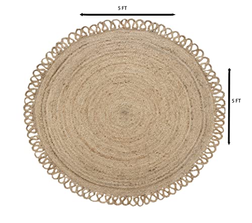 MORE Natural Fiber Round Collection 5' x 5' Round Natural Handmade Boho Braided Jute Area Rug