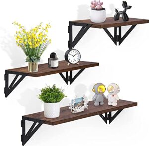 vecelo floating shelves, 3 sets of wall mounted shelf for bathroom decor, bedroom, living room and plants – classic brown
