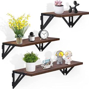 VECELO Floating Shelves, 3 Sets of Wall Mounted Shelf for Bathroom Decor, Bedroom, Living Room and Plants - Classic Brown