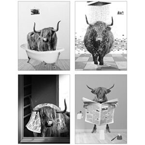 funny bathroom wall art highland cattle cows toilet canvas posters vintage black and white rustic style cute cow wall decoration for restroom bathroom farmhouse artwork set of 4 unframed (12×16 inch)