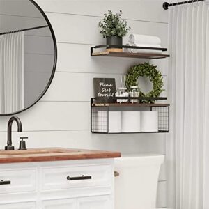 WXCGX Floating Shelves, Rustic Floating Shelves Wood Over Toilet with Paper Storage Basket, Farmhouse Wall Mounted Shelves Floating Shelf for Bathroom Bedroom Wall Decor Living Room Kitchen Book