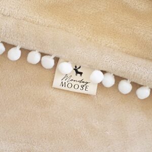 MONDAY MOOSE Cozy Fleece Throw Blanket with Pom Pom Fringe, Super Soft Lightweight Microfiber Flannel Blanket, Double-Sided Designs, for Couch Bed Sofa Home Decor (50x60 inch, Cream/Light Brown)