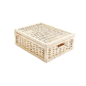 KINGWILLOW Wicker Basket with Lid, Rectangular Wooden Framed Woven Storage Bin with Inside Handles