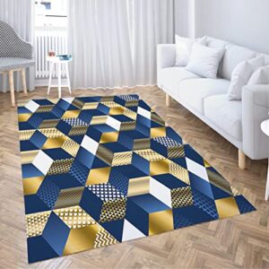 caarenp non-slip area rugs geometric blue gold cubes luxury pattern hexagons abstract textured shapes repeatable home decor rugs carpet for classroom living room bedroom dining kindergarten room 5’x7′