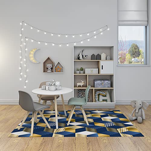 Caarenp Non-Slip Area Rugs Geometric Blue Gold Cubes Luxury Pattern Hexagons Abstract Textured Shapes Repeatable Home Decor Rugs Carpet For Classroom Living Room Bedroom Dining Kindergarten Room 5'X7'