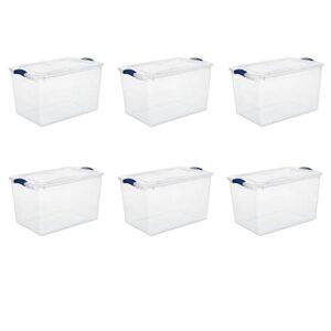 66 qt. plastic storage bin tote organizing container with durable lid, stackable and nestable snap lid plastic storage bin, 6 pack, clear with gray buckle