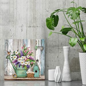 LAIART Farmhouse Decor Canvas Wall Art Lavender White Flowers Picture Vintage Wood Grain Modern Home Artwork