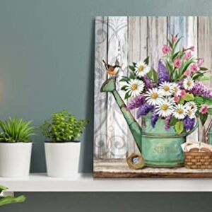 LAIART Farmhouse Decor Canvas Wall Art Lavender White Flowers Picture Vintage Wood Grain Modern Home Artwork