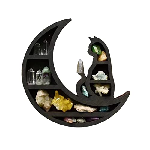 Cat On The Moon Crystal Wood Shelf, Wooden Crystal Display Shelf, Moon Cat Wooden Floating Shelf Gothic Witchy Room Decoration, Multi Color