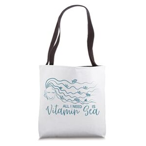 all i need is vitamin sea girl long hair waves fish tote bag