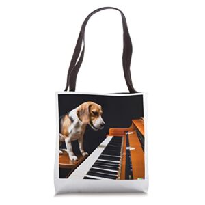 a beagle playing piano tote bag