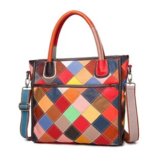 Segater Women Multicolor Handbag Cowhide Shoulder Purse Leather Random Square Patchwork Satchel Work Shopper Crossbody Bag