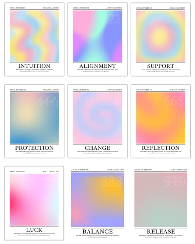 Roxbury Row - Aura Posters for Room Aesthetic Wall Decor, Angel Number Poster Set, Gradient Posters & Prints, Astrology Spiritual Wall Decor (Set of 9 Unframed 8x10)