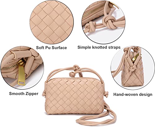 Woven Crossbody Bags for Women，Fashion Leather Lightweight Handbags Shoulder Bag Phone Wallet Purse Stylish Ladies Messenger Bags，Apricot