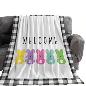 flannel fleece blanket soft comfy throw blankets 50x60in easter colorful cartoon rabbit peeps warm cozy fluffy plush lightweight throw blanket for couch bed sofa travel quote and white black lattice