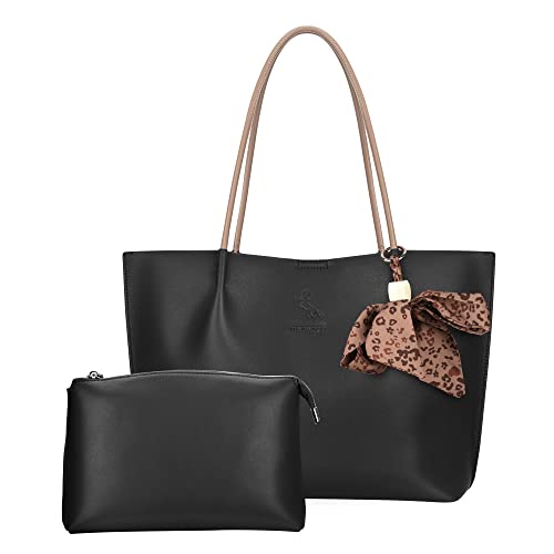 Marengo Genuine Leather Tote Bag for Woman Shoulder Bag Satchel Handbag Purchse Set Black