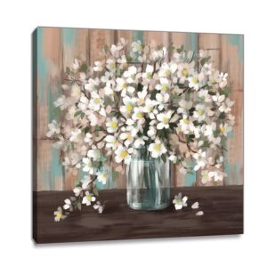 bathroom wall decor flower canvas wall art framed wall decor modern gallery wall decor print white flower in bottle theme picture artwork for walls ready to hang for kitchen bedroom decor size 14×14