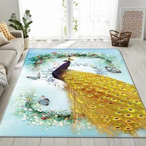 peacock area rug, beautiful and fantastic golden peacock carpet, suitable for modern style living room decorative carpet, suitable for living room bedroom kitchen dining room non-slip washable 6x8ft