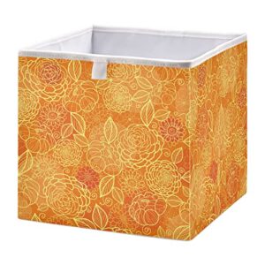 orange and golden flowers storage bins cubes storage baskets fabric foldable collapsible decorative storage bag with handles for shelf closet bedroom home gift 11″ x 11″ x 11″