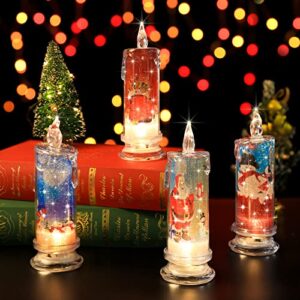4pcs christmas flameless candles with santa claus, snowman,decals set of 4, battery operated christmas themed led candles for festival gift christmas decorations