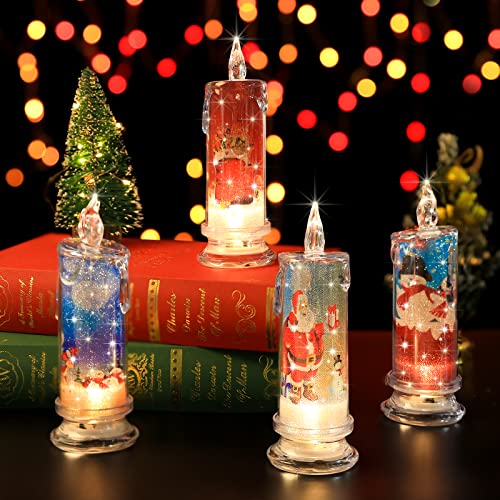 4PCS Christmas Flameless Candles with Santa Claus, Snowman,Decals Set of 4, Battery Operated Christmas Themed LED Candles for Festival Gift Christmas Decorations