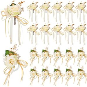 20 pcs rose wrist corsage and boutonniere set flower wrist corsage wristlet band bracelet bridegroom men’s boutonniere wedding wristlet hand flower for prom party bouquets accessories (champagne)