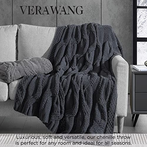 Vera Wang Throw Blanket Ultra Soft Chenille Home Décor, All Season Designer Bedding, 50 x 70, Large Cable Knit Black