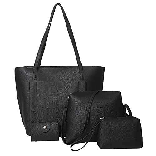 Vol Women Handbag Fashion Leather Shoulder Bags Tote Satchel Hobo 4Pcs Purse Set (Black)