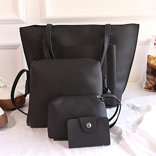 Vol Women Handbag Fashion Leather Shoulder Bags Tote Satchel Hobo 4Pcs Purse Set (Black)