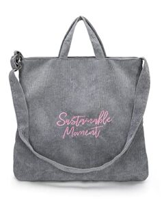 corduroy tote bag for women,large tote bag ,shoulder bag with zipper&inner pockets,hobo crossbody handbag casual tote. (grey)