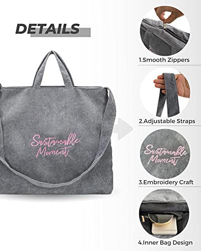 Corduroy Tote Bag for Women,Large Tote Bag ,Shoulder Bag with Zipper&Inner Pockets,Hobo Crossbody Handbag Casual Tote. (Grey)