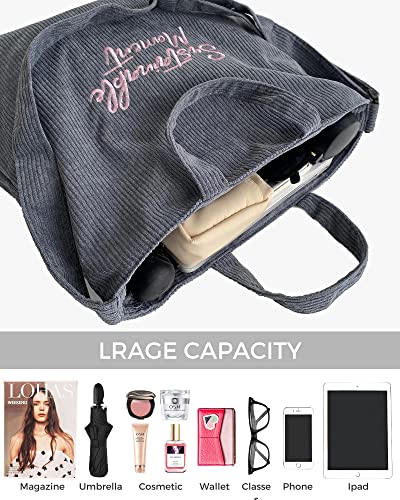 Corduroy Tote Bag for Women,Large Tote Bag ,Shoulder Bag with Zipper&Inner Pockets,Hobo Crossbody Handbag Casual Tote. (Grey)