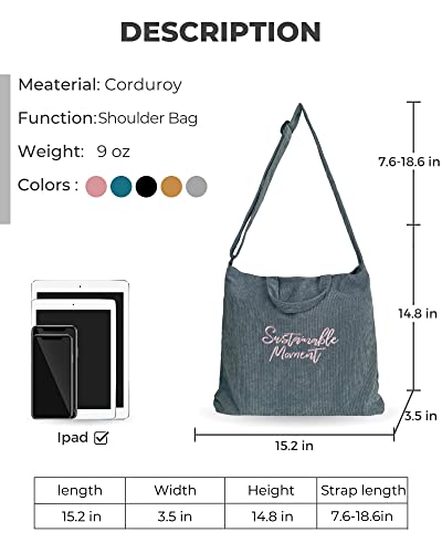 Corduroy Tote Bag for Women,Large Tote Bag ,Shoulder Bag with Zipper&Inner Pockets,Hobo Crossbody Handbag Casual Tote. (Grey)