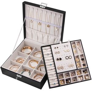 jewelry box for women, 2 layers jewelry organizer with lock, large jewelry boxes jewelry case for storing earrings rings necklaces bracelets pu leather & soft velvet lined, girls wife ideal gift